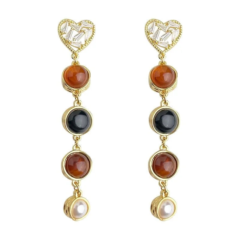 French Vintage Black Onyx Resin Pearl Heart Tassel Drop Earrings With Micro Pave Zircon