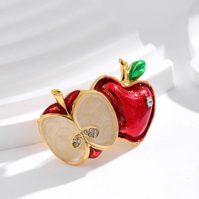 Cute Enamel Double Apple Brooch With Rhinestone Accents, Fashion Fruit Lapel Pin Cardigan Corsage Gift