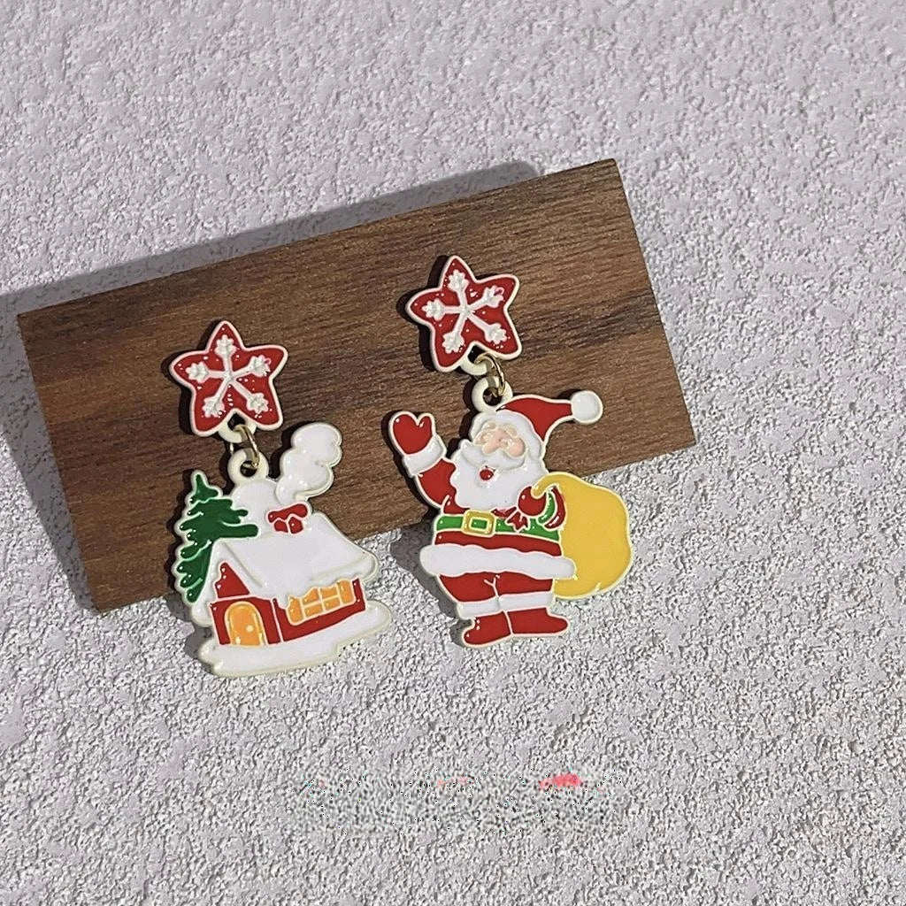 Cute Christmas Alloy Stud Earrings With Silver Plated Pins, Santa Snowflake Cartoon Design