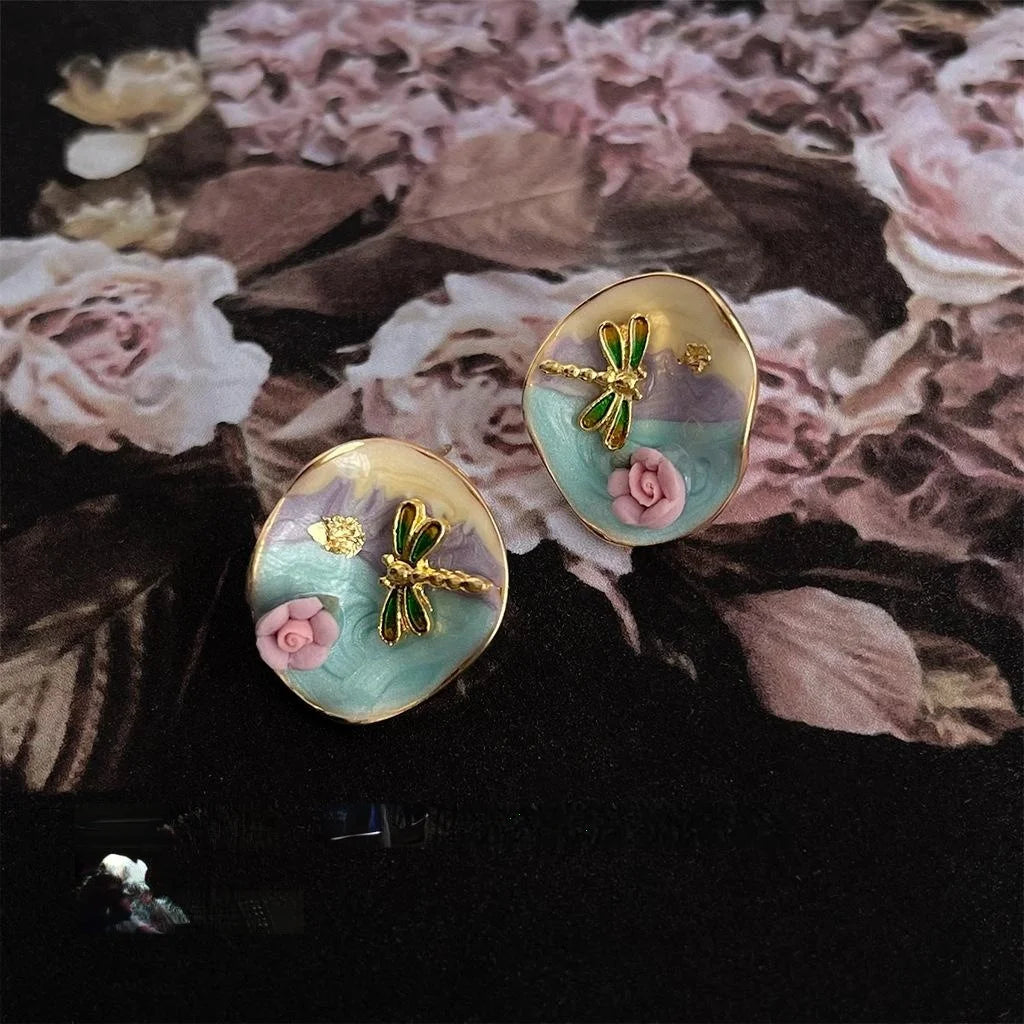 Sweet Gradient Enamel Ceramic Dragonfly Stud Earrings 14K Plated Oil Painting Style