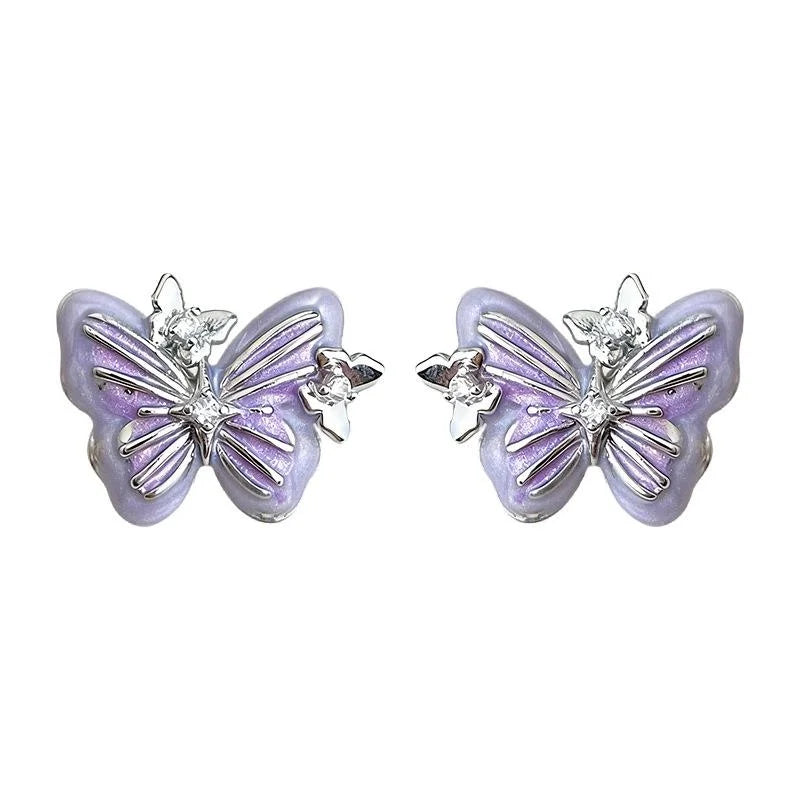 Purple Butterfly Enamel Drip Glaze Copper Zircon Fairy Style Stud Earrings
