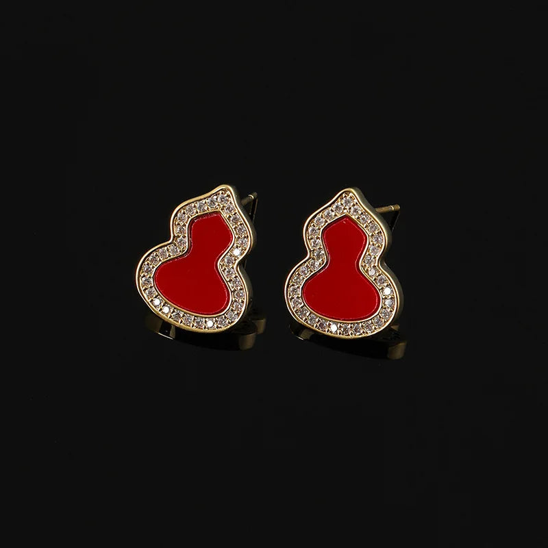 Elegant Red Enamel Gourd Shape Rhinestone Alloy Stud & Clip On No Piercing Light Luxury Earrings