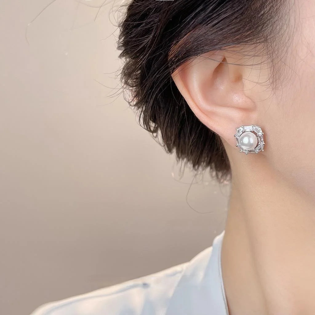 Light Luxury Zircon Pearl Geometric Square Stud Earrings For Women, Silver Plated Commuter Jewelry