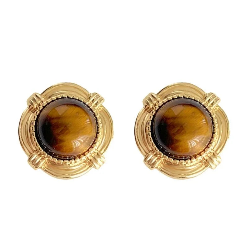 14K Gold Plated Copper Tiger Eye Stone Geometric Round Stud Earrings French Luxury Style