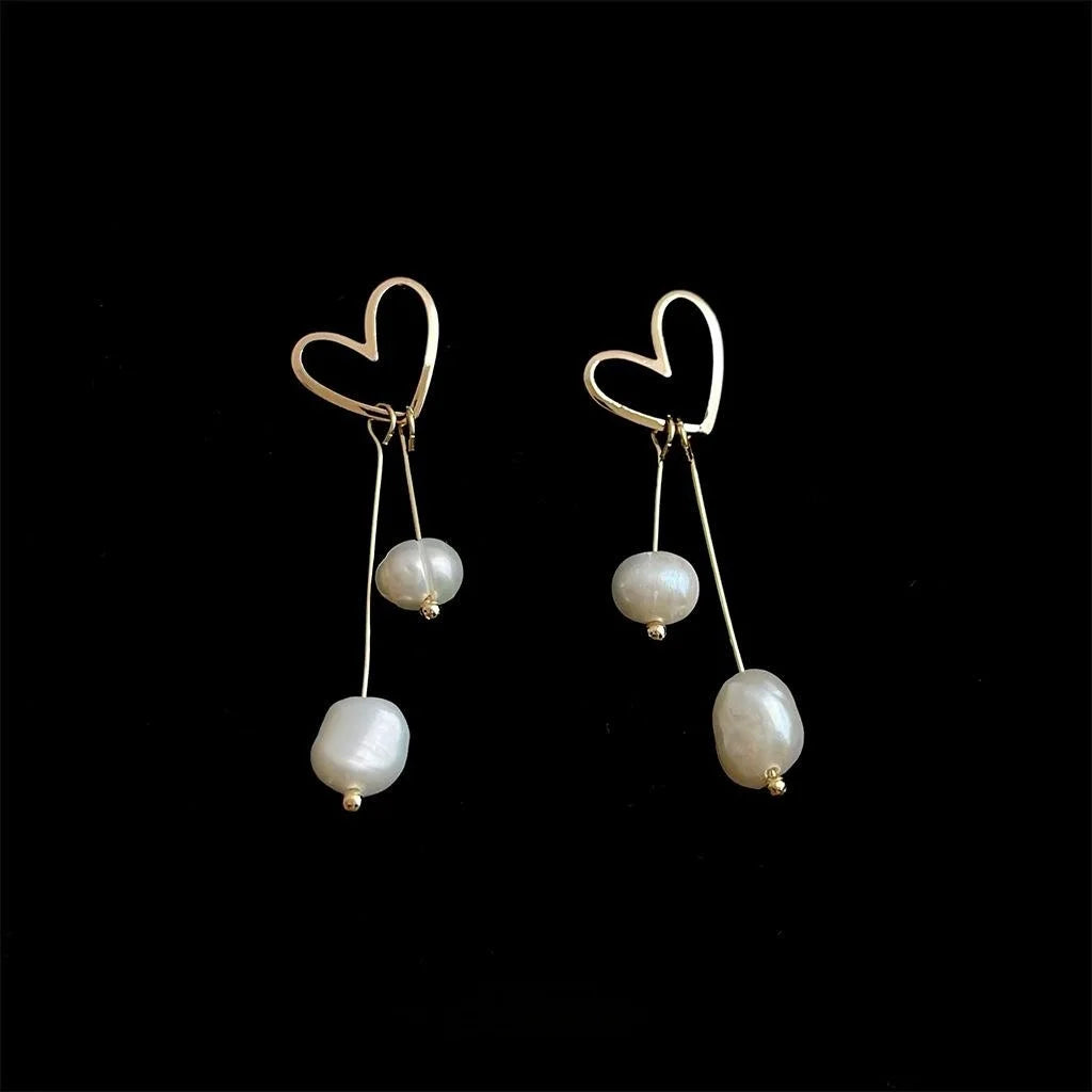 14K Gold Plated Baroque Freshwater Pearl Heart Geometric Tassel Stud Earrings