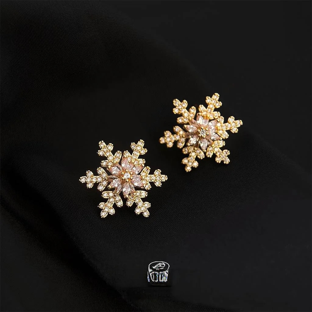 French Vintage Micro Pave Zircon Snowflake Flower Drop Earrings Light Luxury Summer Jewelry