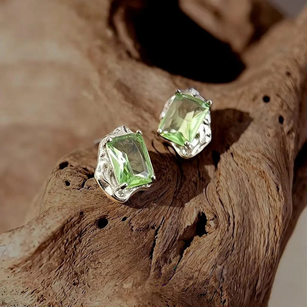 Fresh Grass Green Zircon Micro Pave Eco Copper Liquid Metal Irregular Geometric Stud Earrings