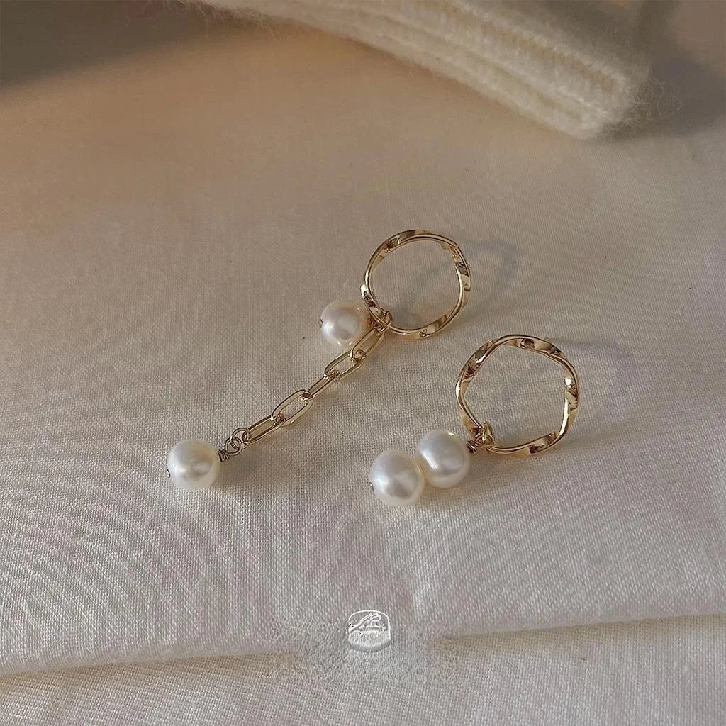 French Vintage Baroque Freshwater Pearl Tassel Stud Earrings, Asymmetric Copper Geometric Design