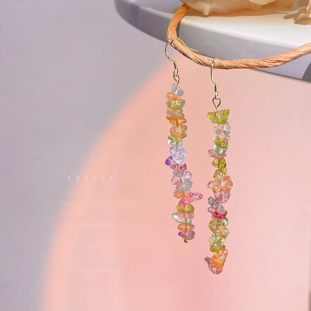 Handmade Sweet Dopamine Glass Chip Geometric Long Drop Earrings With Silver Plated Pins