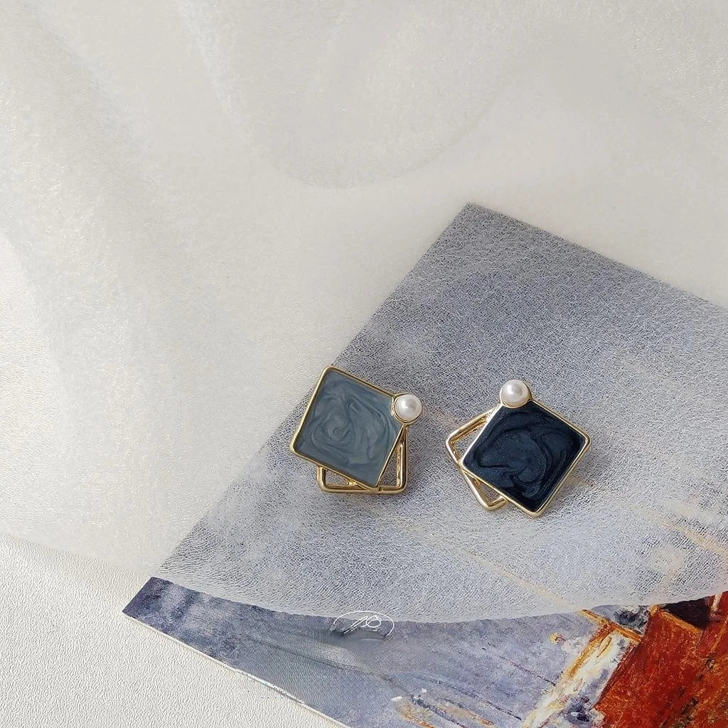 14K Plated Alloy Blue Enamel Asymmetric Square Stud Earrings Vintage Hong Kong Style