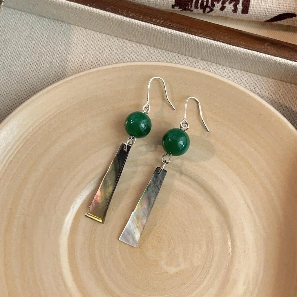 New Chinese Style Green Agate Shell Geometric Tassel Drop Earrings Handmade