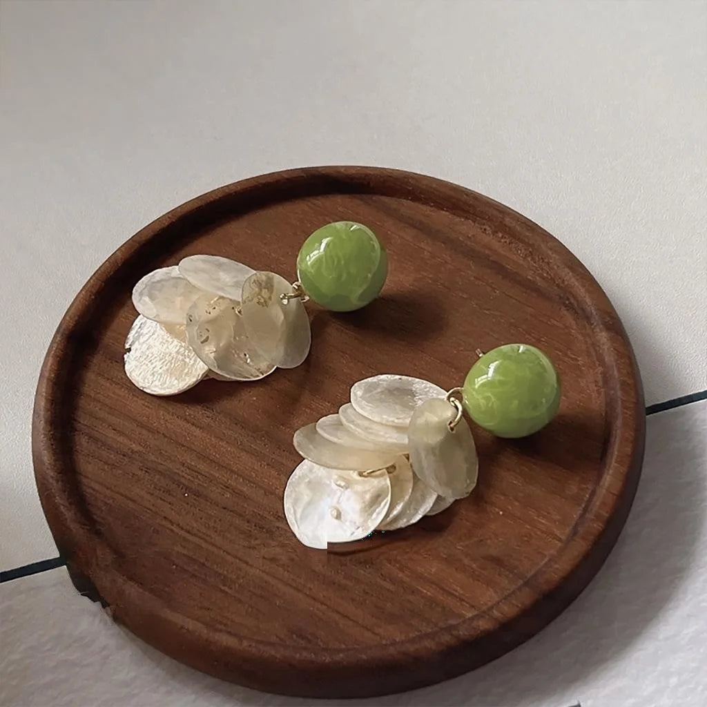 Forest Style Green Natural Shell Geometric Tassel Stud Earrings With Silver Plated Pins