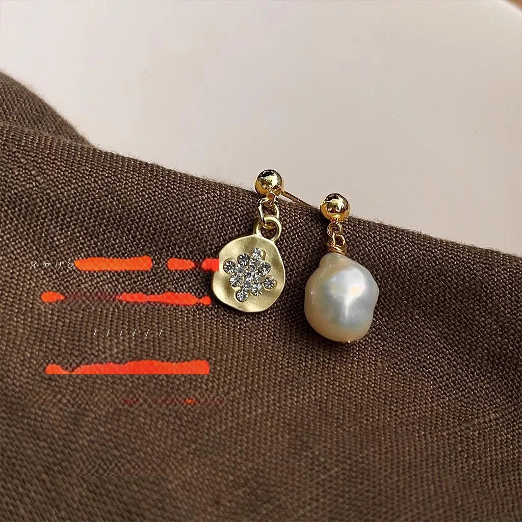 French Vintage Baroque Freshwater Pearl Asymmetric Irregular Copper Drop Earrings