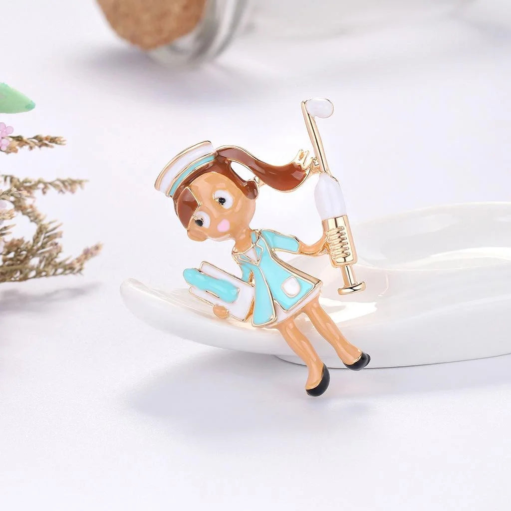 Cute Enamel Alloy Nurse Girl Brooch With Syringe, Fashion Lapel Pin Suit Accessory Gift For Women