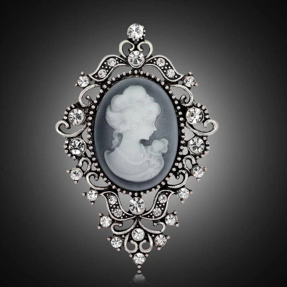 Vintage Lady Portrait Cameo Brooch With Gold Alloy Filigree Rhinestone Crystal Lapel Pin Suit Accessory Gift