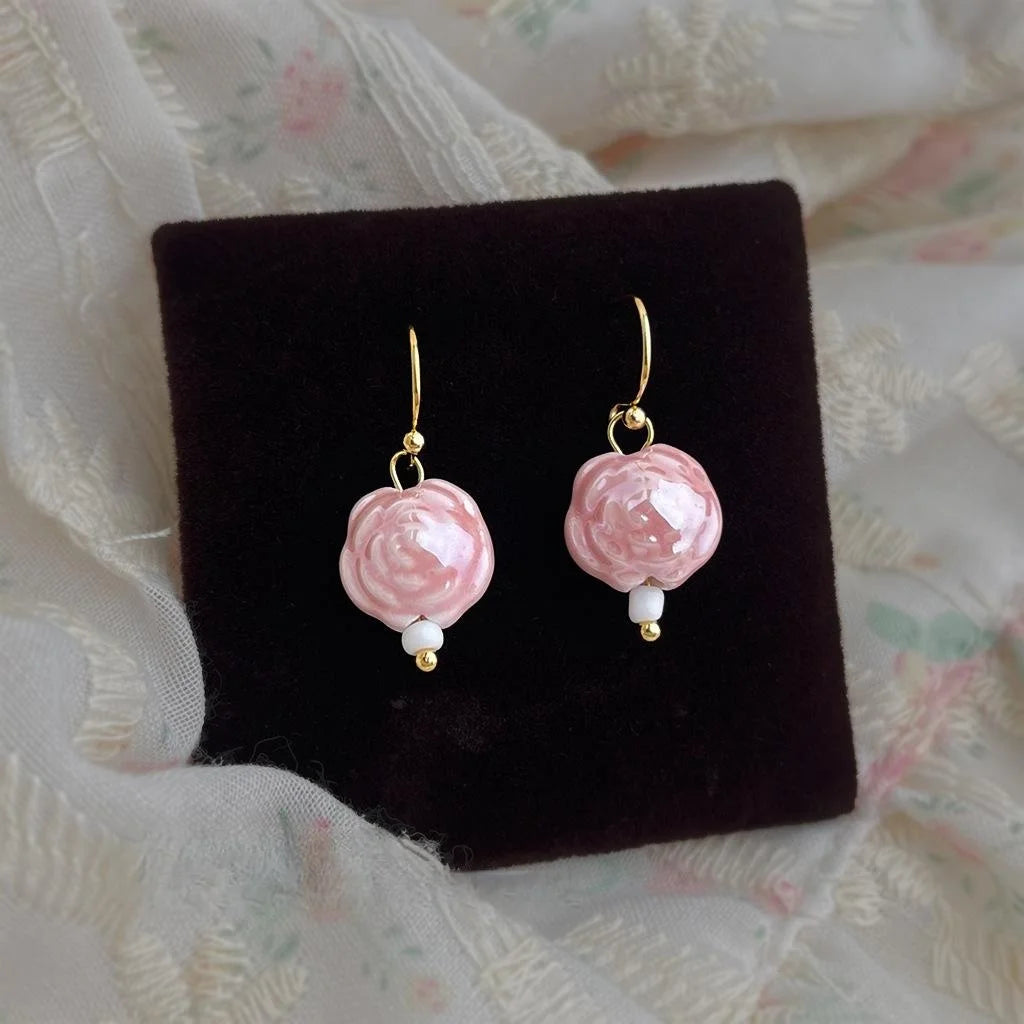 Handmade Ceramic Rose Flower Drop Earrings Minimalist Elegant Floral Jewelry