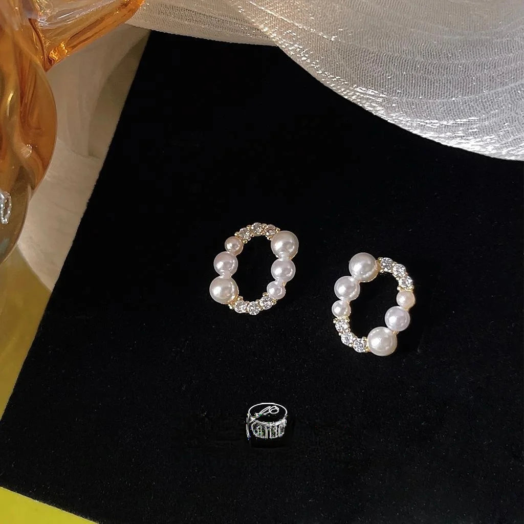 French Vintage Geometric Oval Micro Pave Zircon Copper Stud Earrings