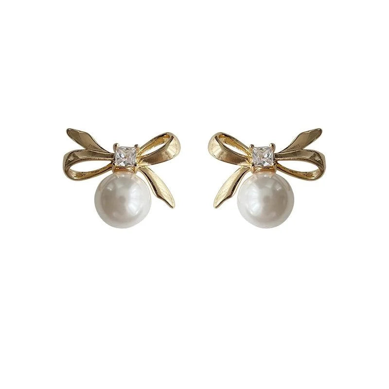 14K Gold Plated Copper Bow Stud Earrings With Glass Pearl And Micro Pave Zircon, Simple Jewelry