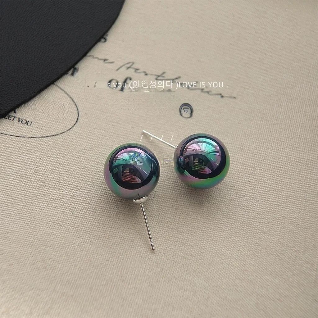 French Light Luxury Iridescent Black Glass Pearl Geometric Round Stud Earrings For Women