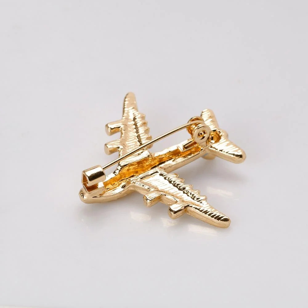 Luxury Airplane Alloy Enamel Brooch Gold Tone Plane Lapel Pin Corsage Suit Accessory Gift