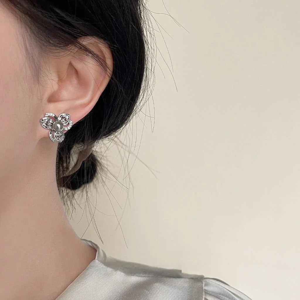 French Luxury Floral Zircon Pave Drop Earrings With Gray Glass Pearl Copper Flower Jewelry