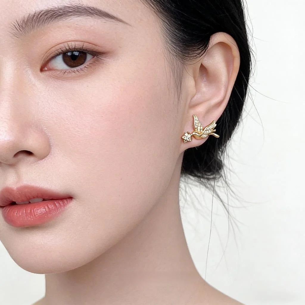 Original Design Micro Pave Zircon Bird Stud Earrings, Copper Luxury Fashion Niche Jewelry