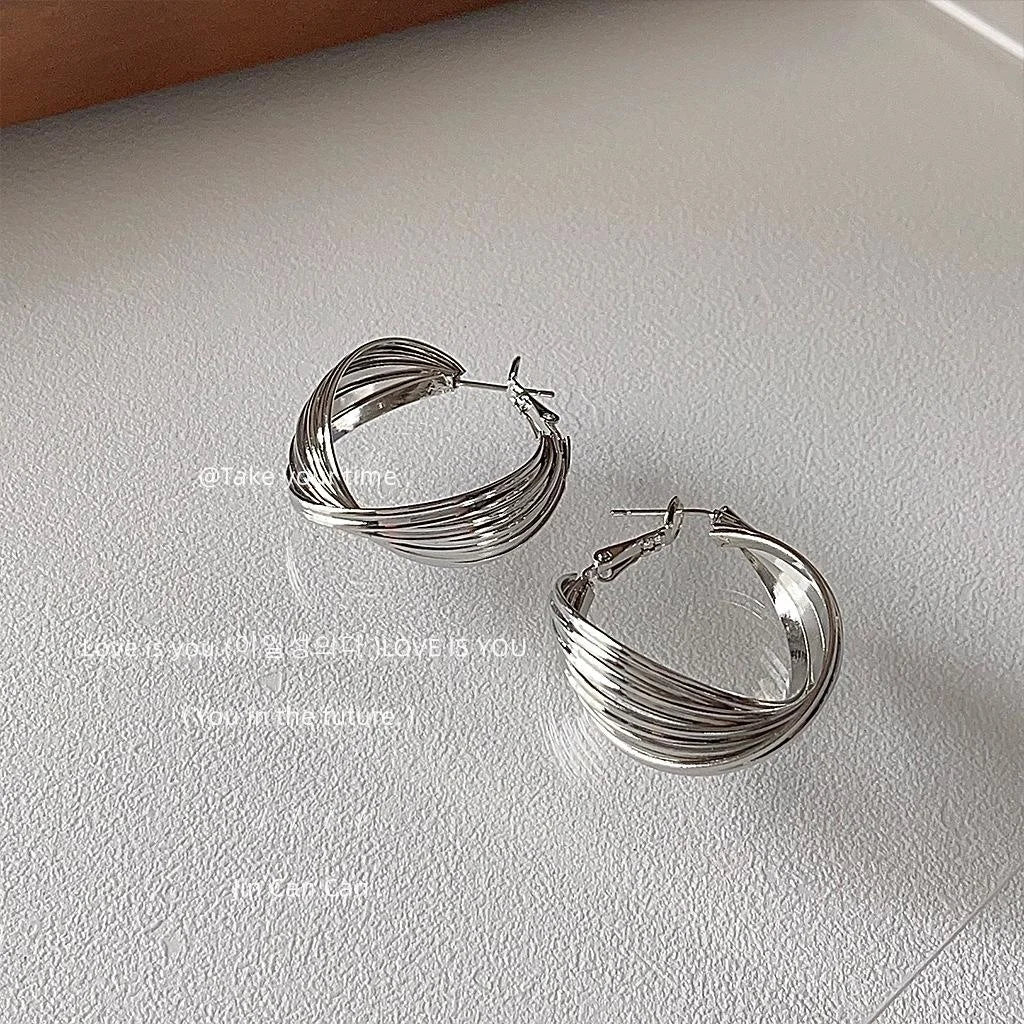 Sweet Cool Round Geometric Metal Stud Earrings With Silver Plated Pins For Women