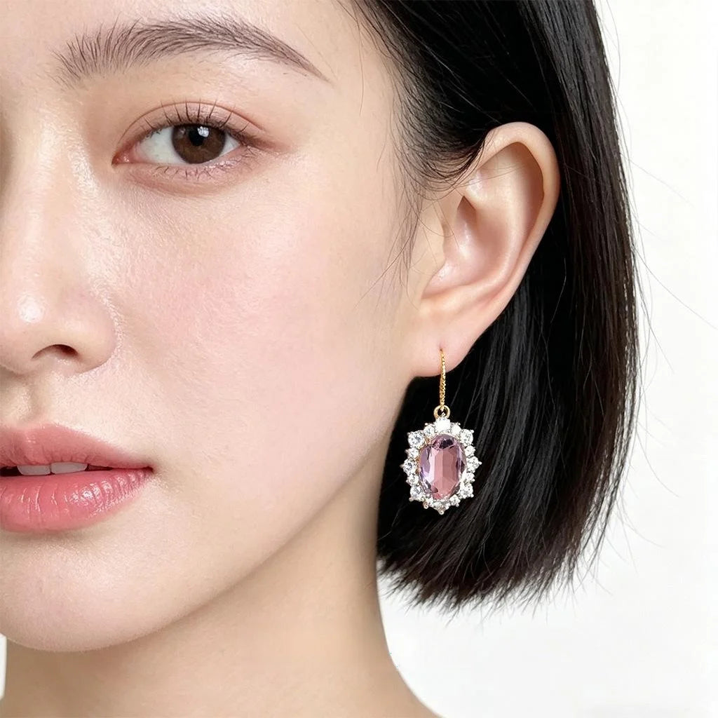French Light Luxury Micro Pave Zircon Oval Pink Gemstone Drop Earrings For Women
