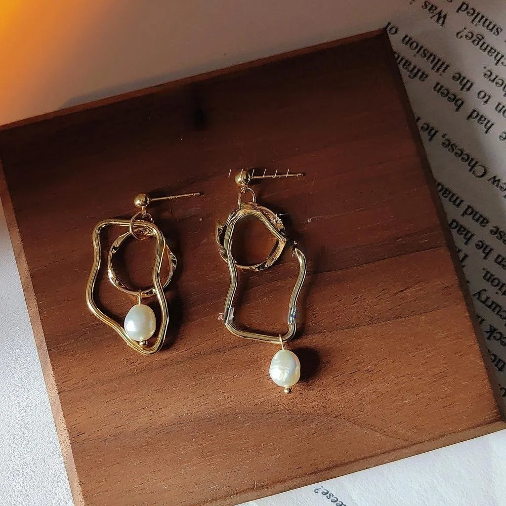 Handmade Copper Freshwater Pearl Stud Earrings Irregular Geometric Silver Plated Pin Jewelry