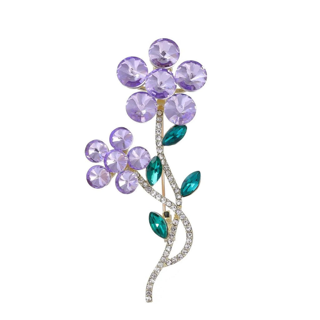 Elegant Purple Crystal Flower Brooch With Rhinestone Stem, Green Leaf Lapel Pin Corsage Gift