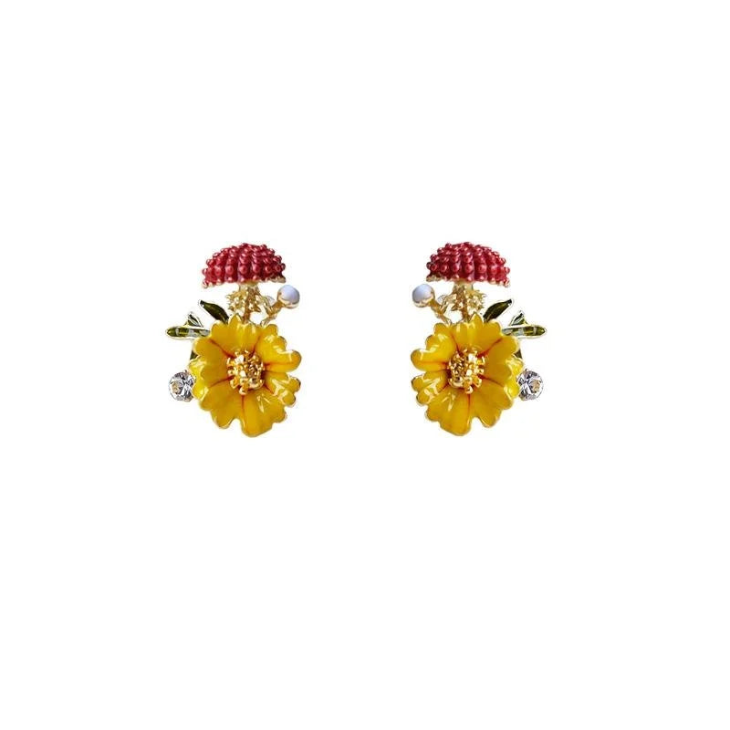 14K Plated Alloy Enamel Painted Flower Stud Earrings Vintage Forest Style Women's Jewelry