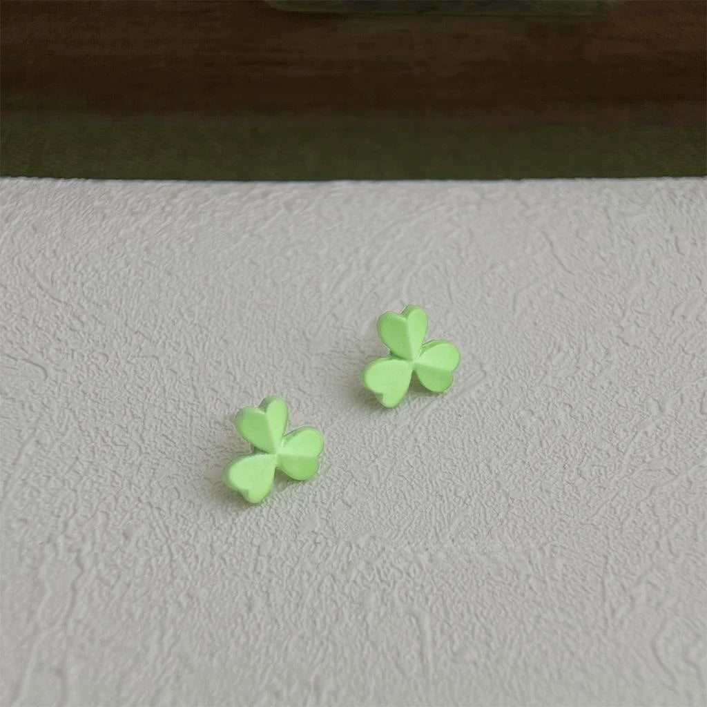Fresh Green Flower Leaf Enamel Copper Stud Earrings For Women Forest Style Mini Floral Jewelry
