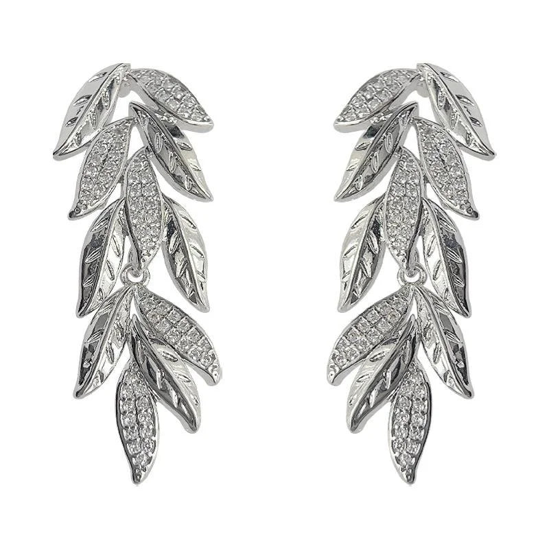 Copper Leaf Drop Earrings With Micro Pave Zircon, Elegant Banquet Jewelry