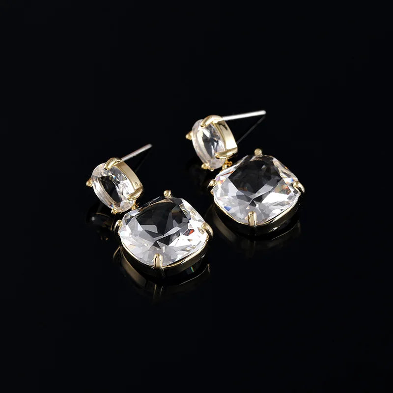 Elegant Square Clear Crystal Zircon Dangle Stud & Clip On No Piercing Luxury Alloy Drop Earrings
