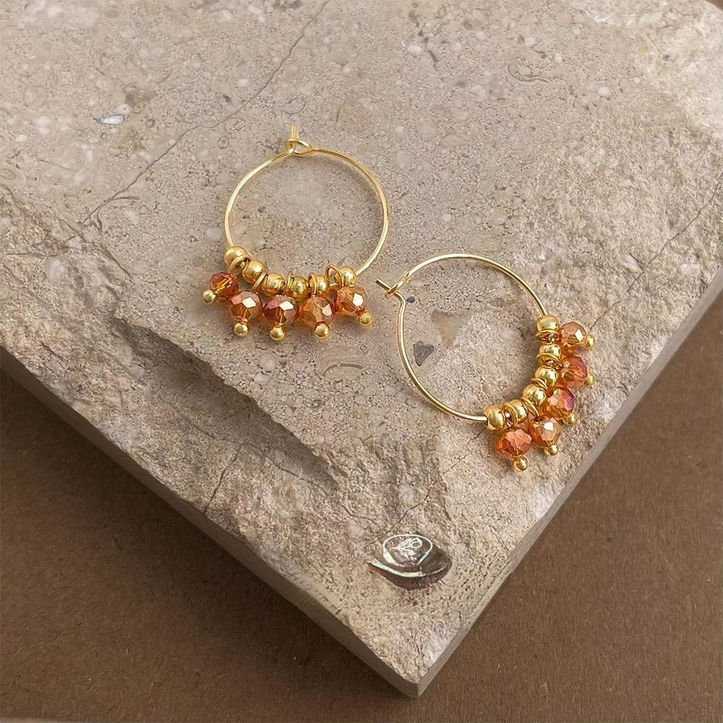 Vintage Copper Glass Crystal Brown Earth Tone Geometric Hoop Drop Earrings