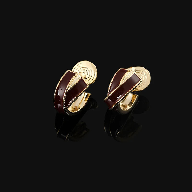 Vintage Luxury Red Enamel Cross Hoop Spiral Alloy Stud & Clip On No Piercing Statement Earrings
