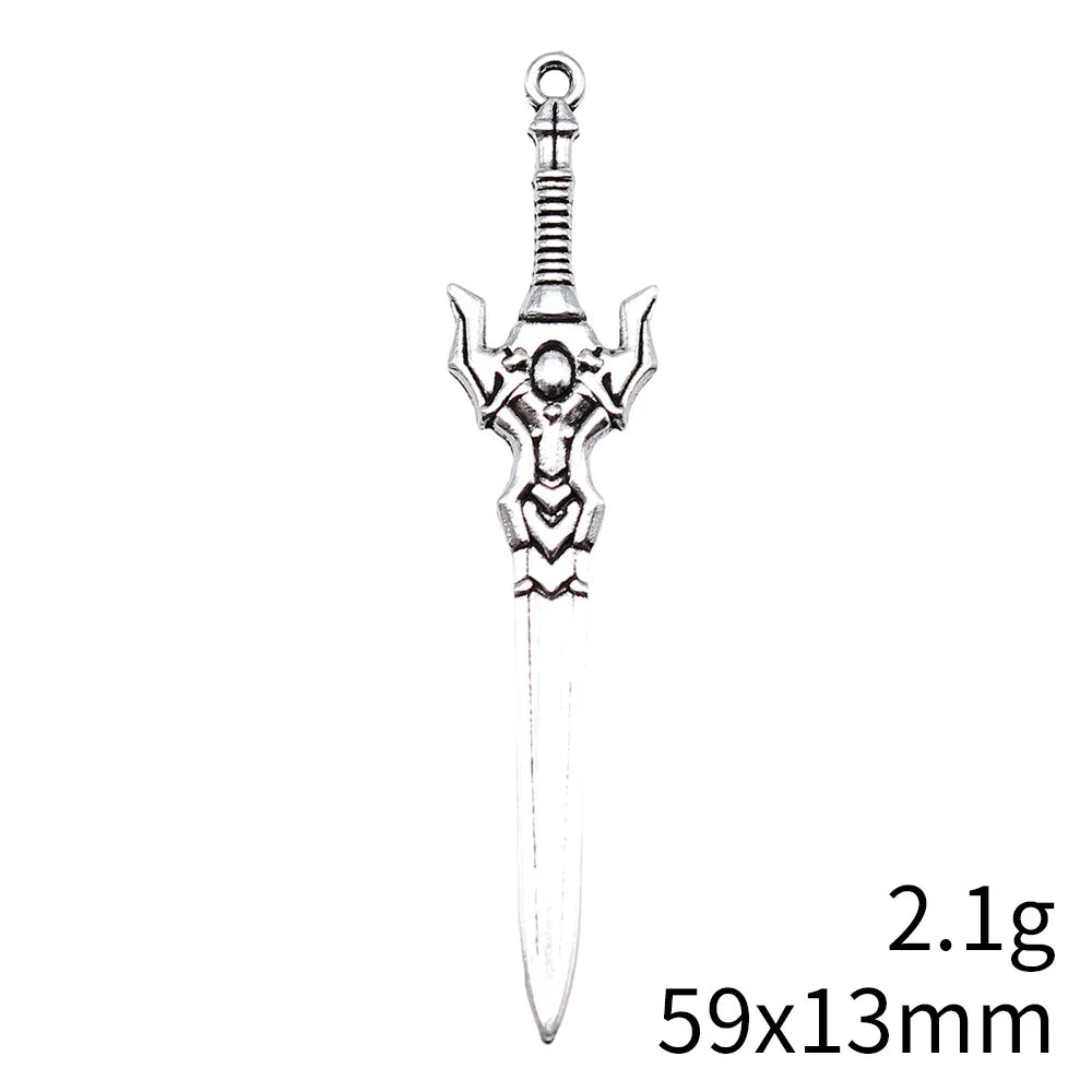 59x13mm 2.1g Antique Silver Tone Zinc Alloy Sword Weapon Charm Pendant for Cosplay Necklace Bracelet DIY