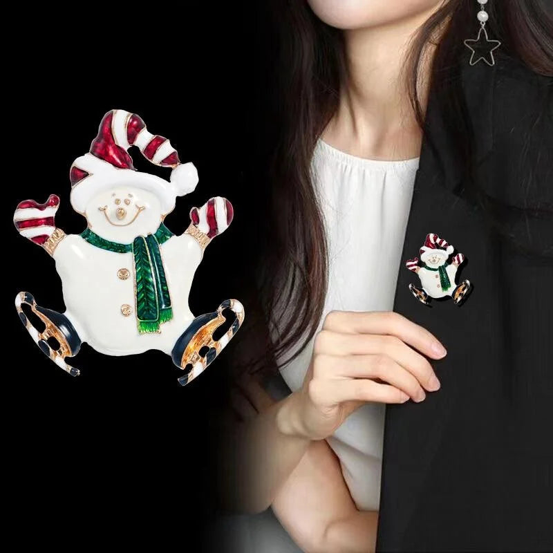Cute Alloy Enamel Christmas Snowman Brooch With Skates, Festive Women Lapel Pin Corsage Suit Accessory Gift