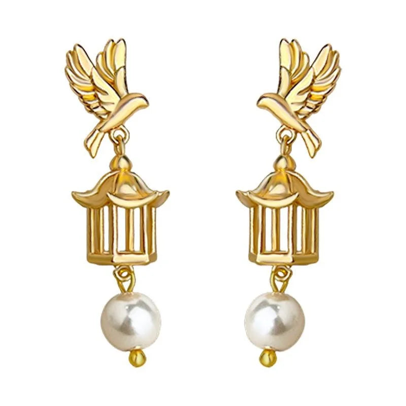 Original Bird Cage Drop Earrings Copper Glass Pearl Court Style Designer Jewelry