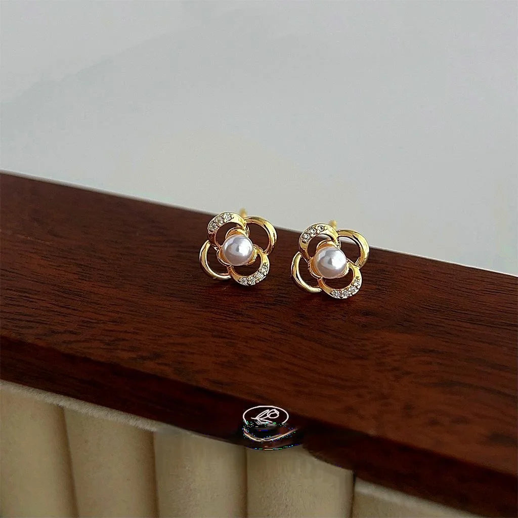 Silver Plated Copper Flower Stud Earrings With Zircon Pave And High Luster Pearl