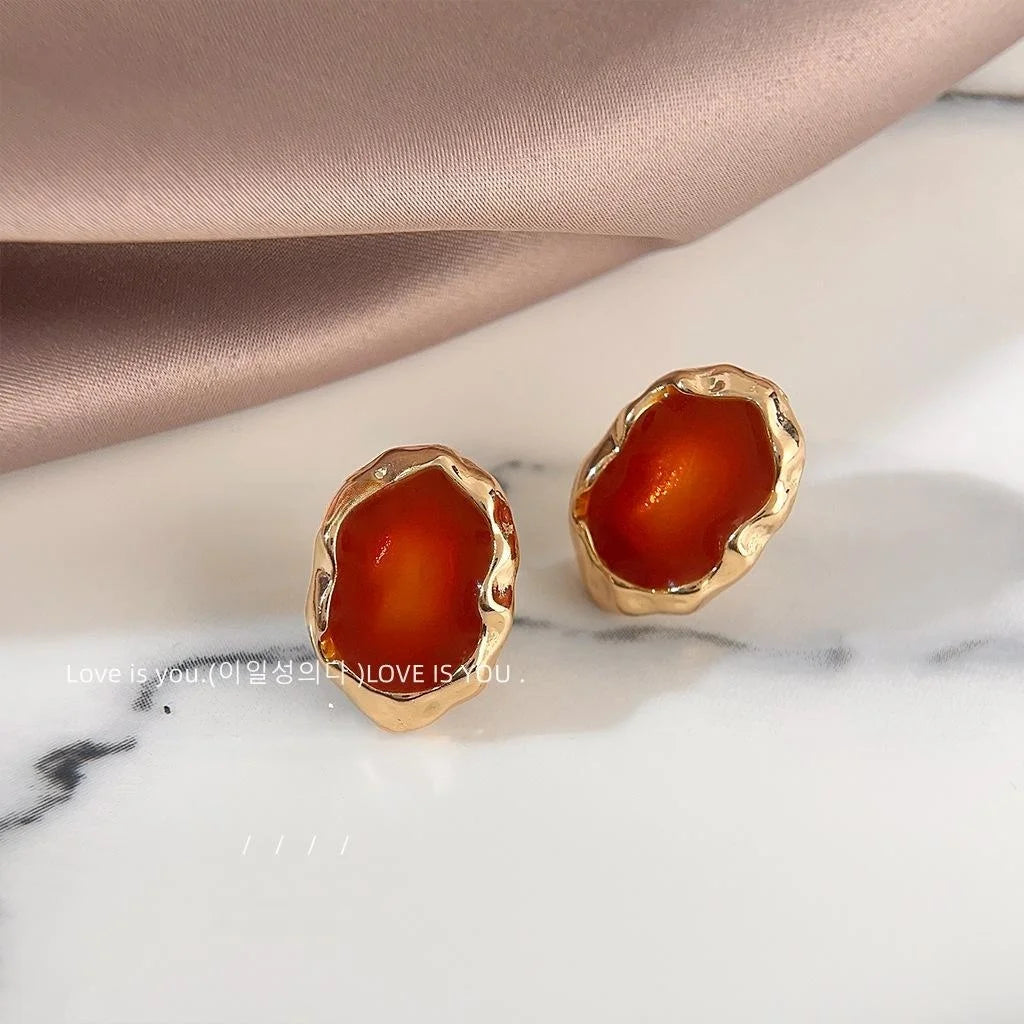 French Vintage Geometric Oval Amber Enamel Copper Stud Earrings With 14K Plated