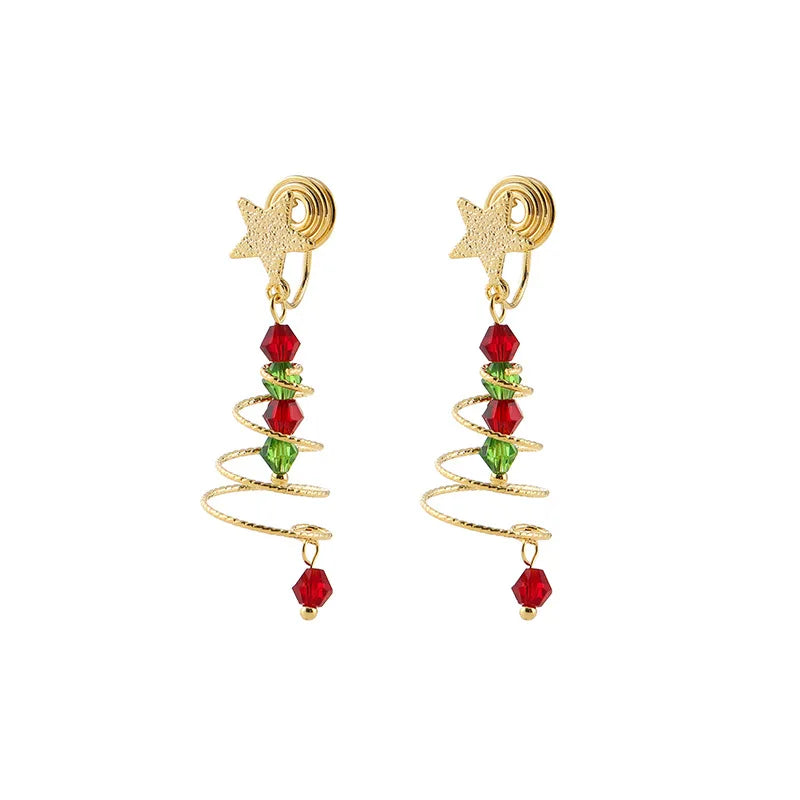 Elegant Handmade Christmas Tree Star Alloy Crystal Bead Stud & Clip On No Piercing Holiday Earrings