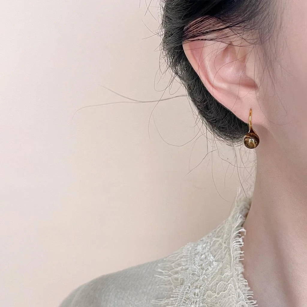 14K Plated Tiger Eye Round Geometric Ball Drop Earrings For Women Minimalist Commuter Jewelry