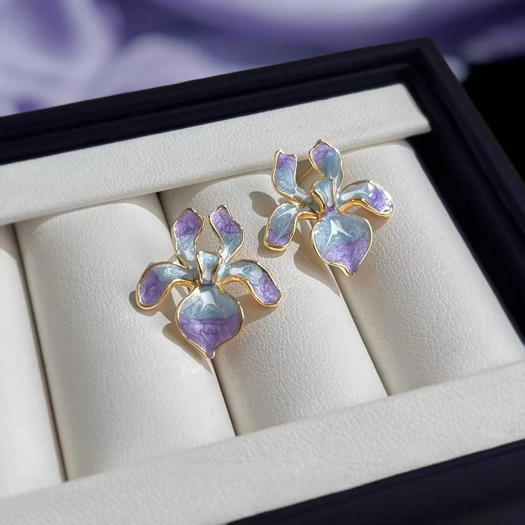 Gold Plated Copper Iris Flower Drop Earrings Hand Painted Enamel Gradient Floral Pastoral Jewelry
