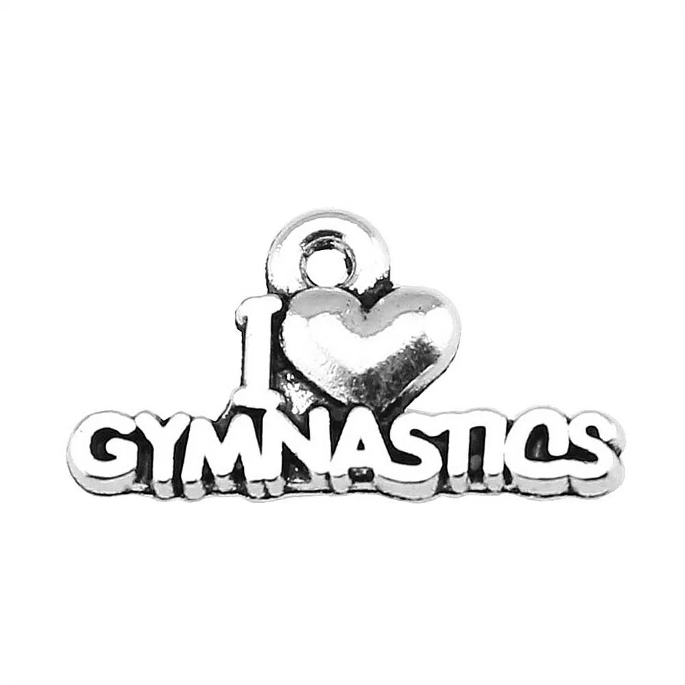 20x11mm 0.9g Antique Silver Zinc Alloy I Love Gymnastics Charm Pendant for DIY Sports Jewelry