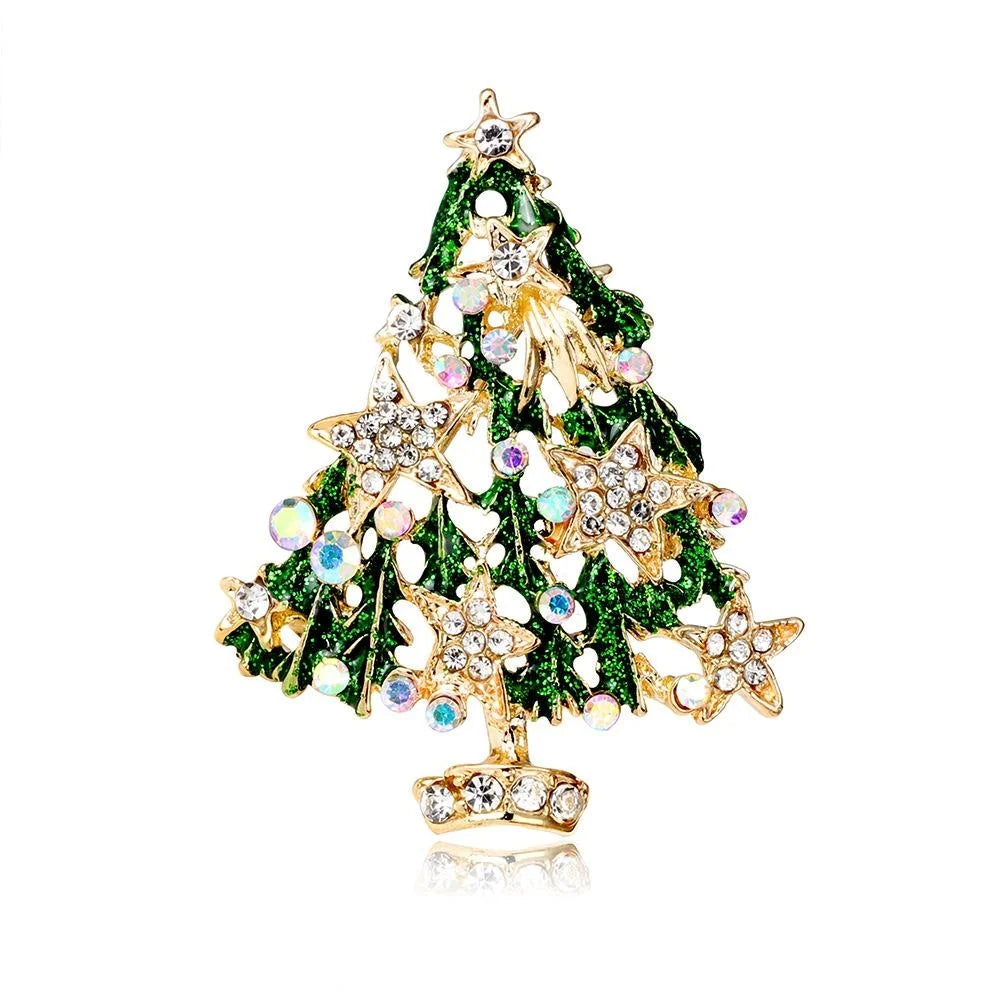 Luxury Enamel Christmas Tree Star Rhinestone Alloy Brooch Hollow Lapel Pin Festive Suit Accessory Gift