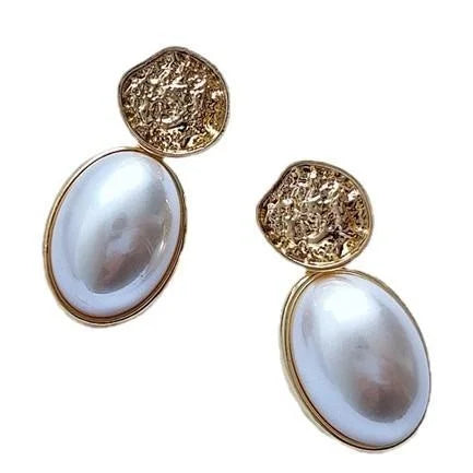 French Vintage Oval Geometric Faux Pearl Metal Stud Earrings For Women