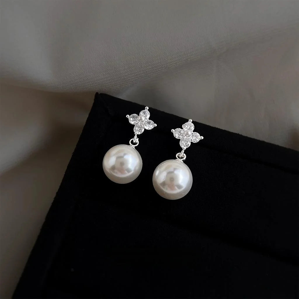 Light Luxury Eco-Friendly Copper Micro Pave Zircon Pearl Geometric Drop Earrings