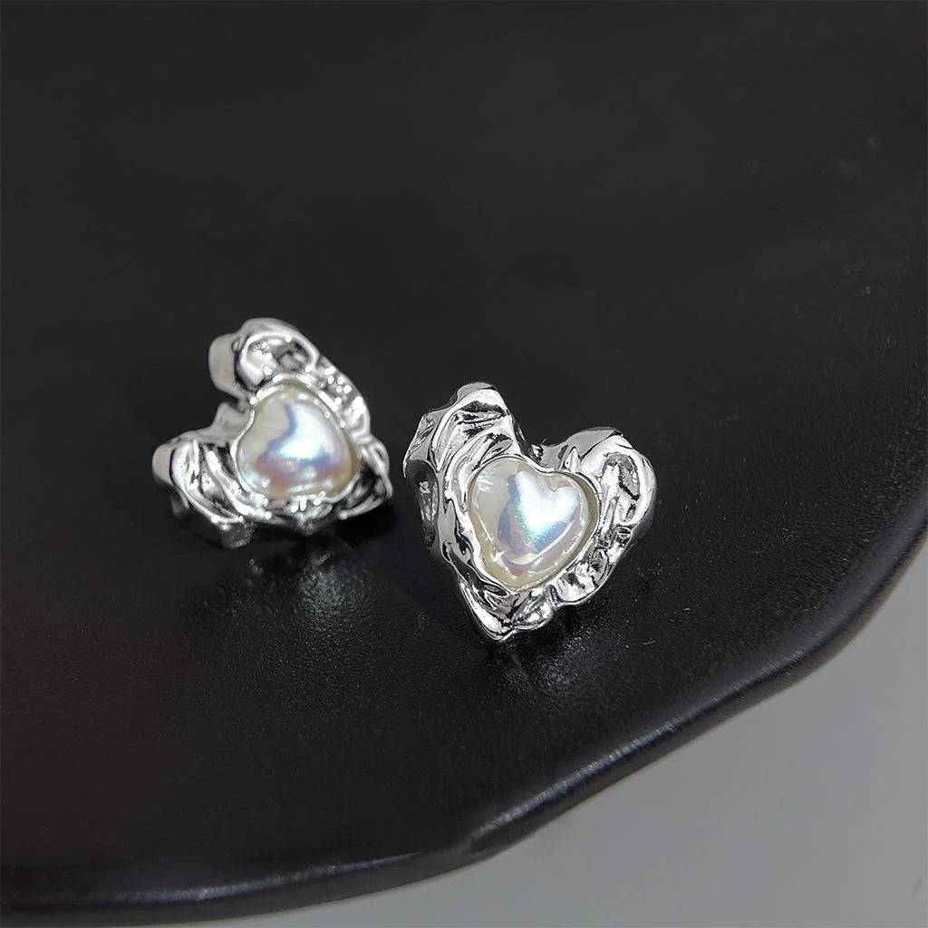 Minimalist Heart Synthetic Mabe Pearl Stud Earrings Copper Liquid Love Cool Style