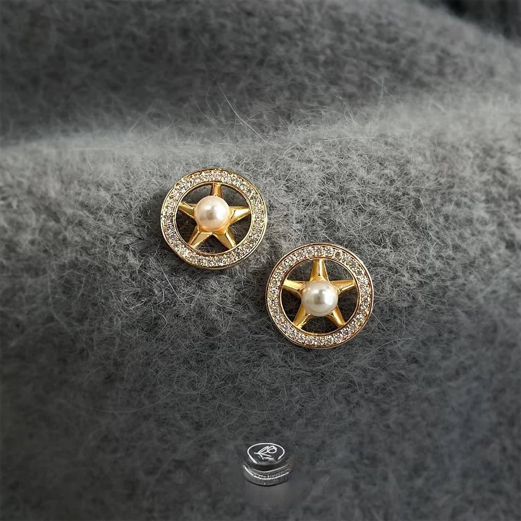 Luxury 14K Plated Copper Zircon Pearl Star Round Geometric Stud Earrings